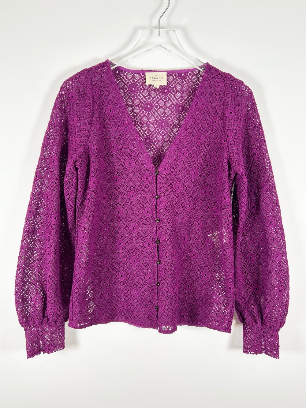 Sezane Gaya Blouse Women’s 36 Purple Magenta Lace Long Sleeve Button Front